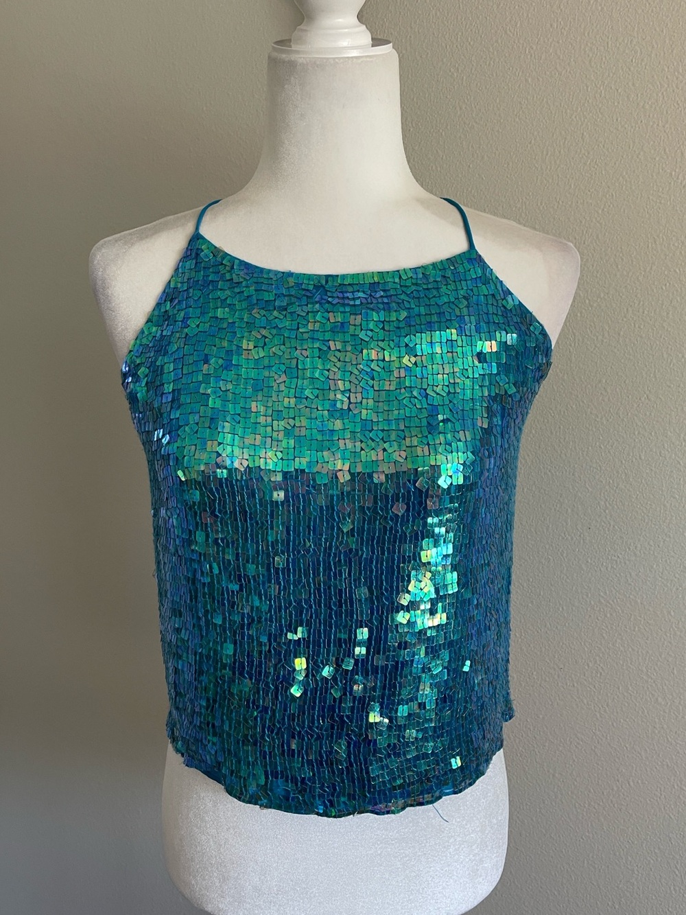 INC International Concepts Blue-Green Iridescent Sequin Halter Cami